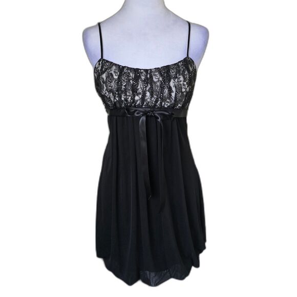 VTG Taboo Black Lace Top Babydoll Mini Dress M Sparkle Hoco Y2K Glam Goth Emo - Picture 1 of 7